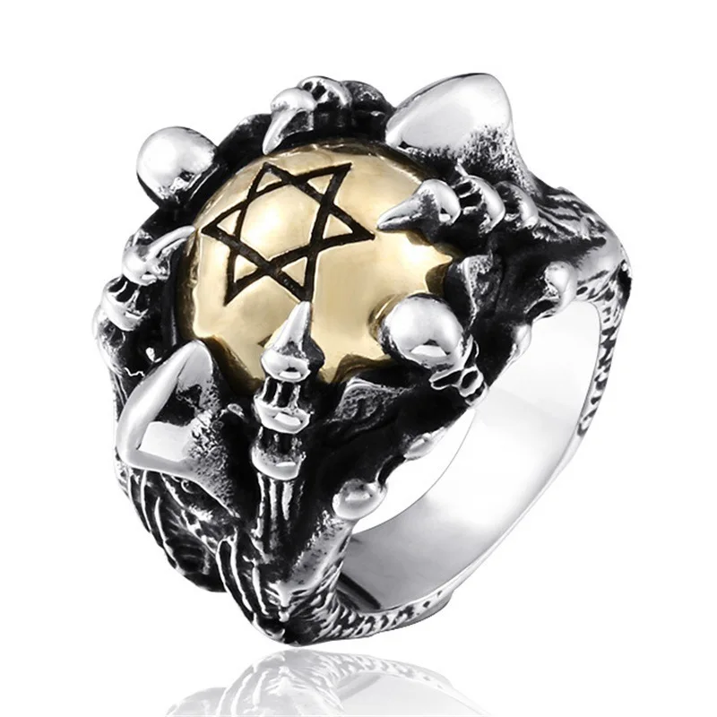 

Hip Hop Style Six-pointed Star Skeleton Paw Shaped Ring For Men Party Geometric Skull Silver Color Ring Jewelry