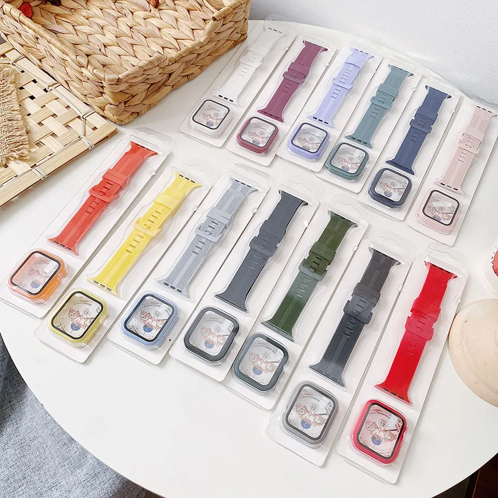 

Newest Silicone Bracelet For Apple Watch Band 44mm 40mm Watchband 38mm 42mm Glass+Case+Strap For Iwatch Series 6 Se 5 4 3 2 Band