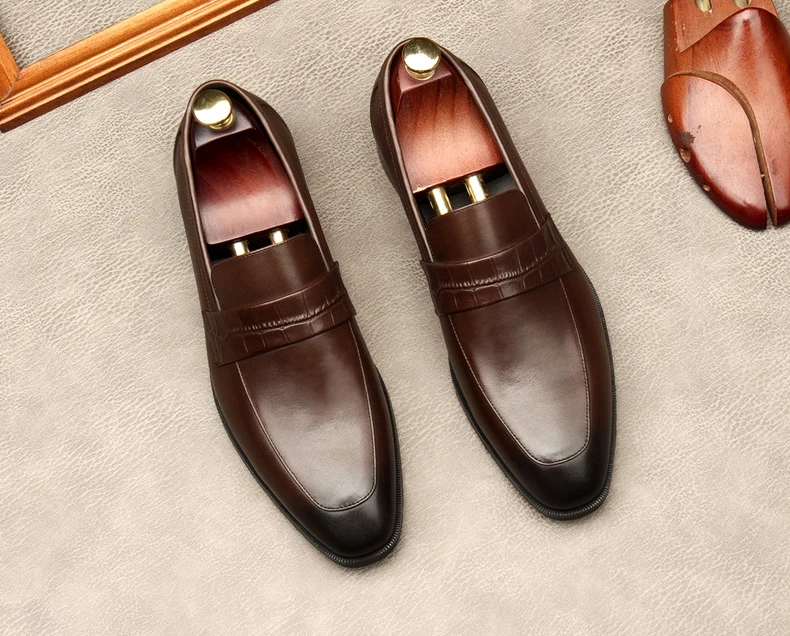 

Genuine Leather Slip On Men Fashion Loafer Luxury High Quality Casual Footwear For Male Coffee Color Black Party Wedding Shoes