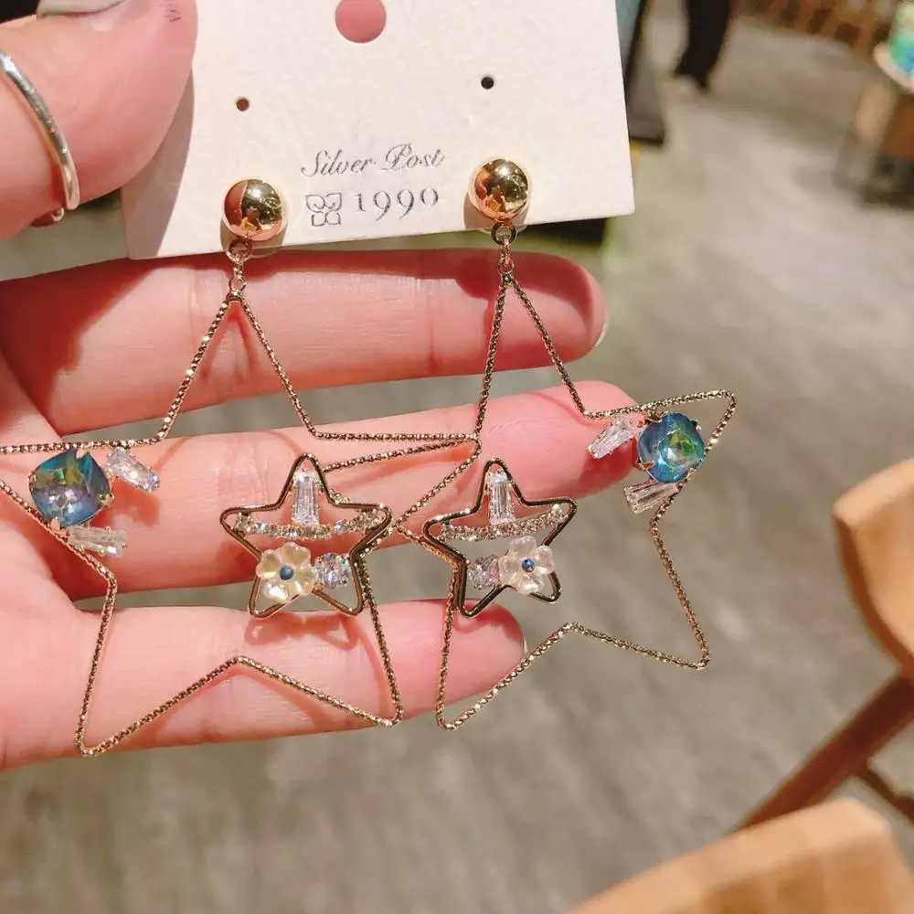 

S925 needle color exaggerated hollow five-pointed star earrings earrings big earrings