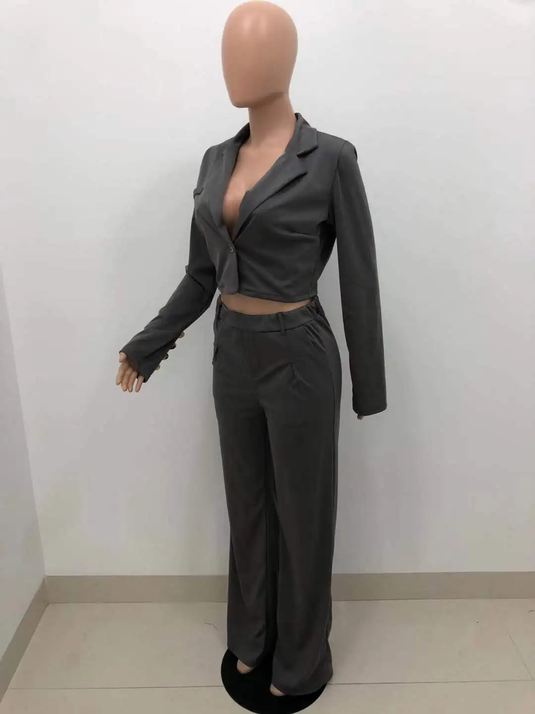 

2021 Latest Elegant Women Suits Sets Office Lady Long Sleeves Short Blazer Coat Single-button Lapel Neck High Waist Straight