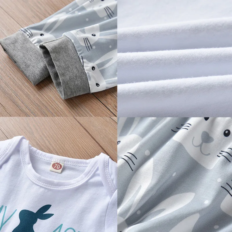 

Easter Baby Boy Clothes Set 3Pcs Short Sleeve Letters Print Romper Rabbit Pattern Trousers Hat Outfits