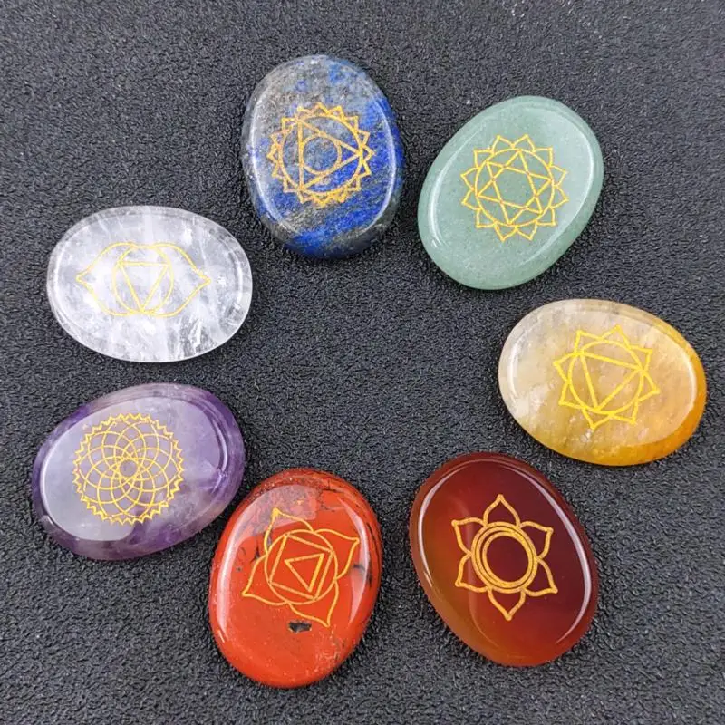 

Natural 7 Chakra Stone Oval Shape Symbols with Engraved Set Amethyst Gemstones