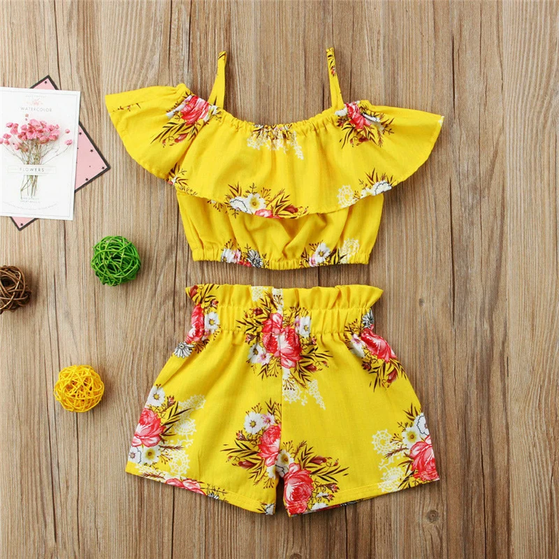 Комплект летней одежды для маленьких девочек топ с цветочным принтом и оборками