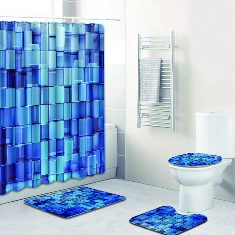 

Bath Mat and Waterproof Shower Curtain Set 3D Printing Bathroom Carpet Rug U-Shaped Toilet Rug Non-slip Foot Mat