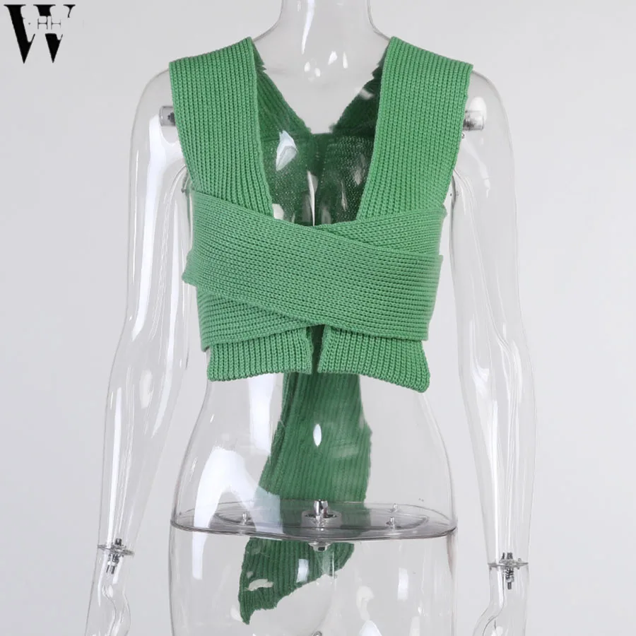 

WYHHCJ 2021 Sleeveless Knitted Crop Sweater Sexy Spring/summer Fashion Vest Black Casual White Jumper Top Female Pullover