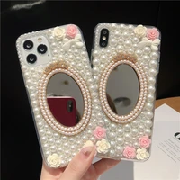 luxury full pearl diamond flower case cover for iphone 12 mini 11 pro xs max xr x 8 7 6s plus se bling make up mirror case funda