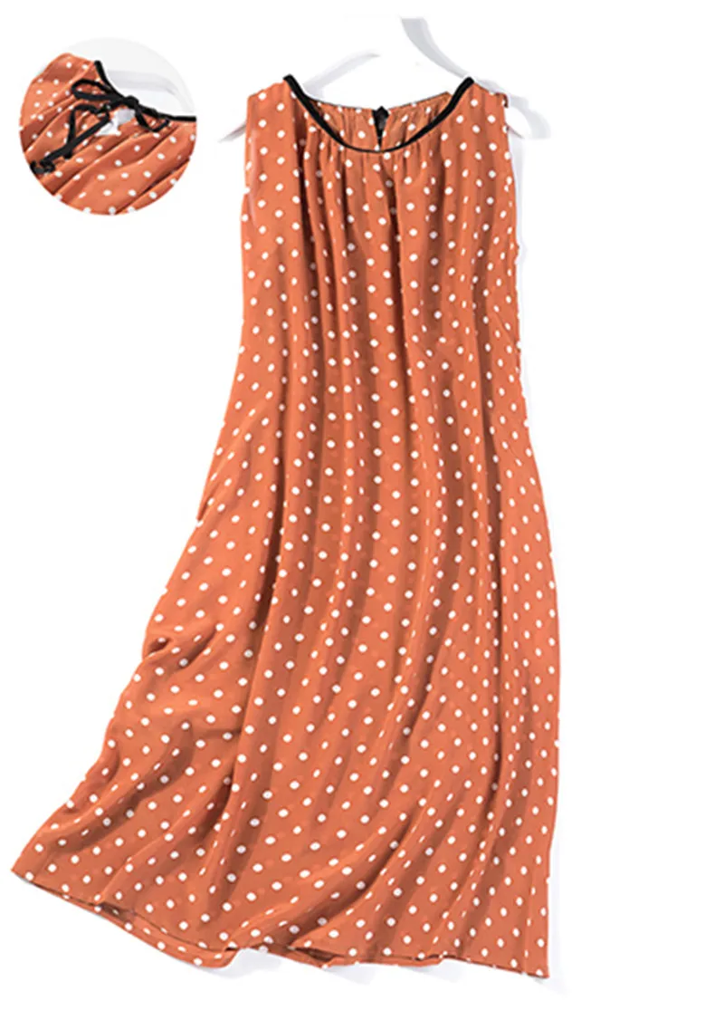 Женское платье из натурального шелка с круглым вырезом в оранжевый горошек