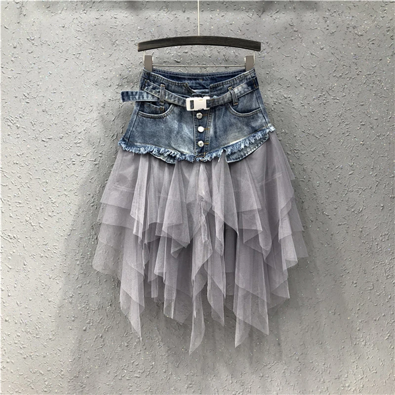 

Womens Denim Tulle Skirts Womens Asymmetrical Mesh Patchwork Pocket Empire Pleated Midi Skirt Tassel Streetwear Short Jean Skirt