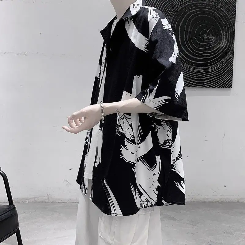 

Men's shirt summer 2021 new Hong Kong style handsome print short-sleeve Oversized shirts high street casual shirts for men
