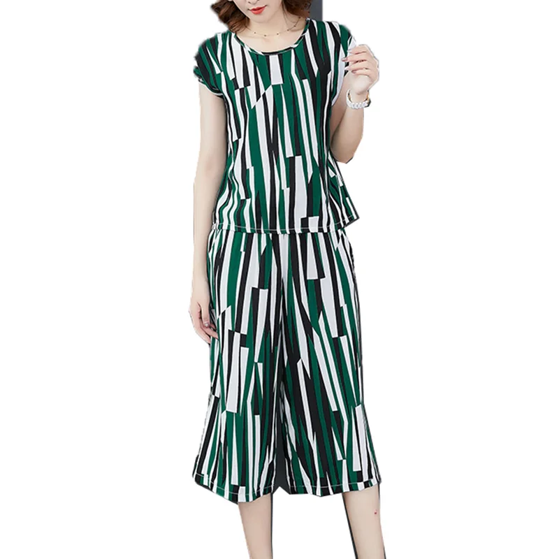 

Casual Cotton Silk Women's Suits Summer Sets Print Cotton T-shirt Tops & Wide Leg Pants 2 Pcs Sets Clothing Feminina 4XL K267