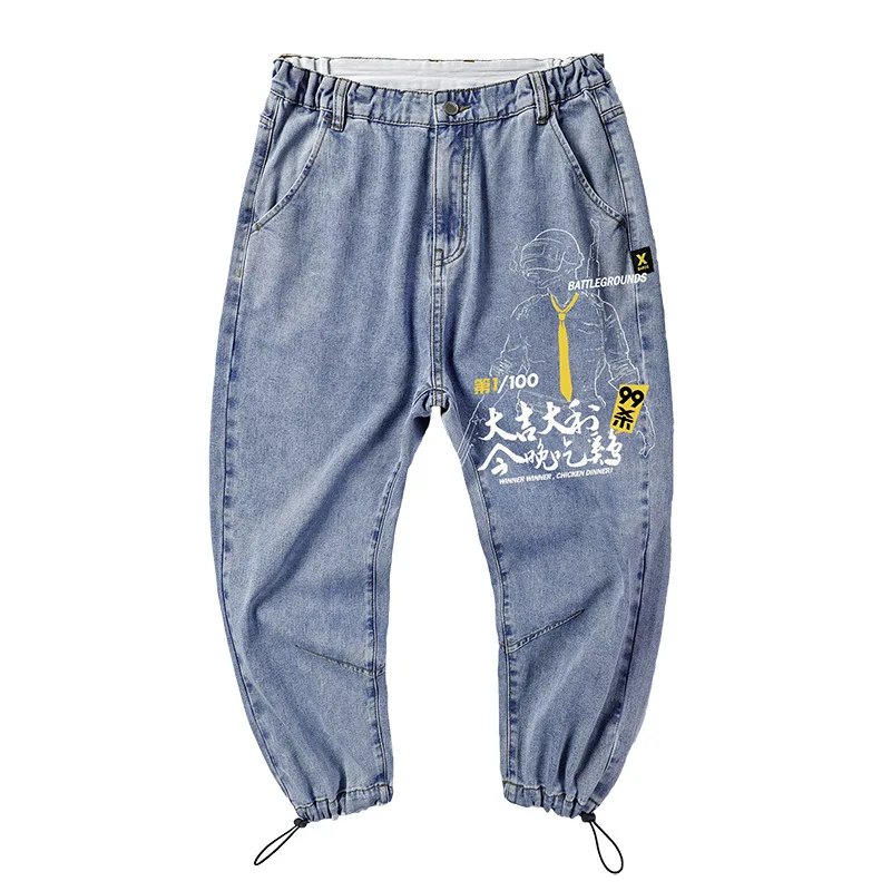 Джинсы мужские четырехсезонные длинные штаны свободные с принтом