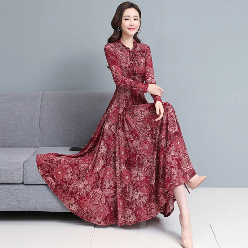 

2021 Spring Women Casual Autumn Winter Floral Printed Dress Female Long Sleeve Bow Collar Lady Vintage Chiffon Long Dresses H187