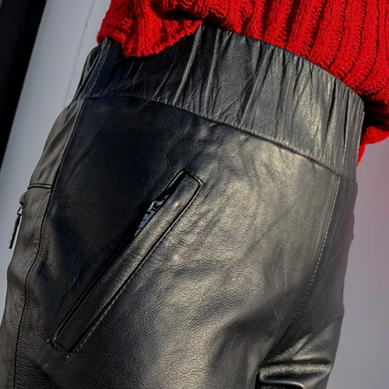 

Streetwear Genuine Women Leather Skinny Pants Luxury Elastic High Waist Cowhide Trousers Plus Size 6XL Office Lady Pencil Pants