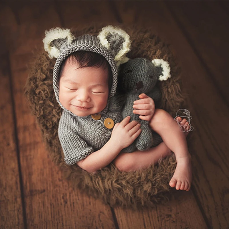 

2 Pieces Newborn Infant Knitted Beanie Hat with Stuffed Animal Koala Doll Toy Set Baby Bonnet Clothes Costume Prop