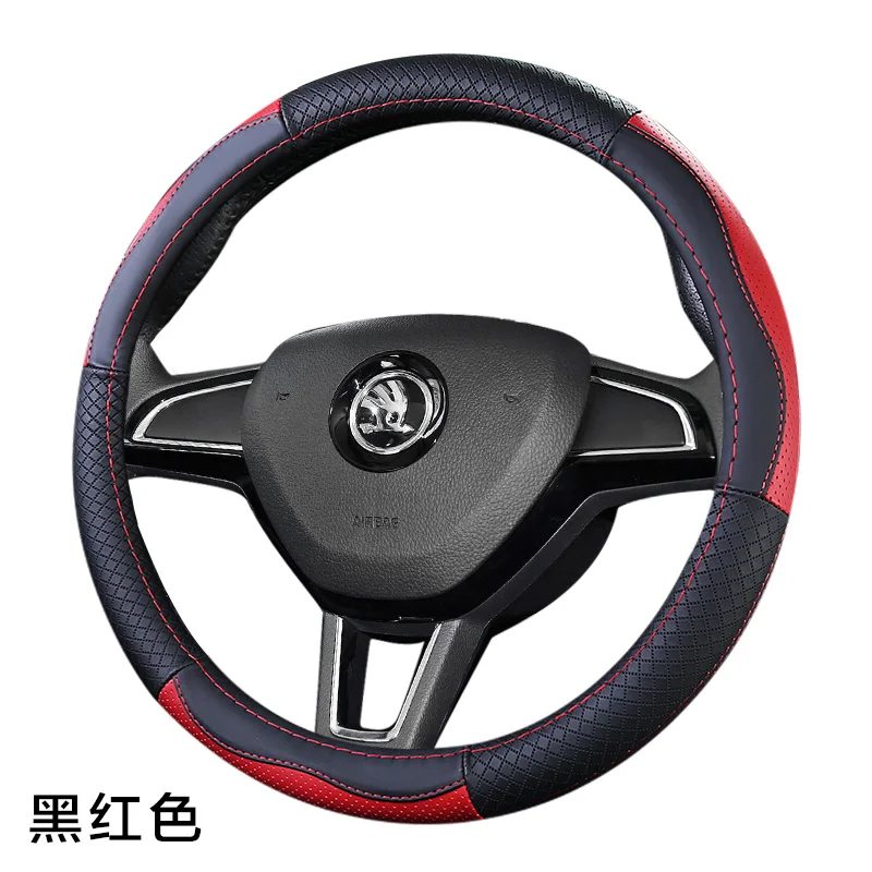 A black with red Верхний слой кожаный руль чехлы для skoda Fabia Octavia Scout Rapid Spaceback Superb Kodiaq Karoq Roomster Praktik Yeti - Название цвета: A black with red