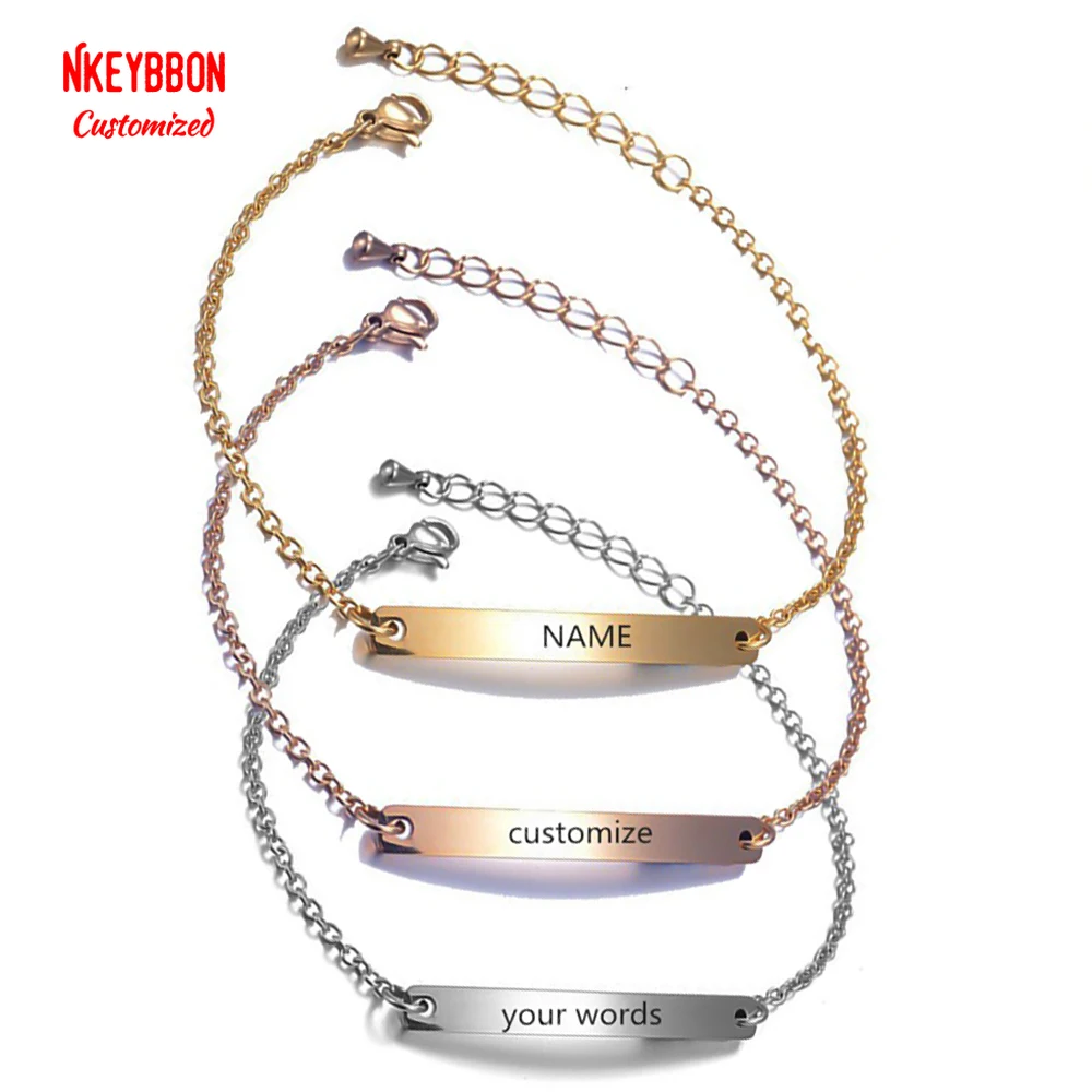 

Customized Link Chain Charm Bracelets Name ID Bar Pendant Gold Stainless Steel Jewelry for Women Lobster