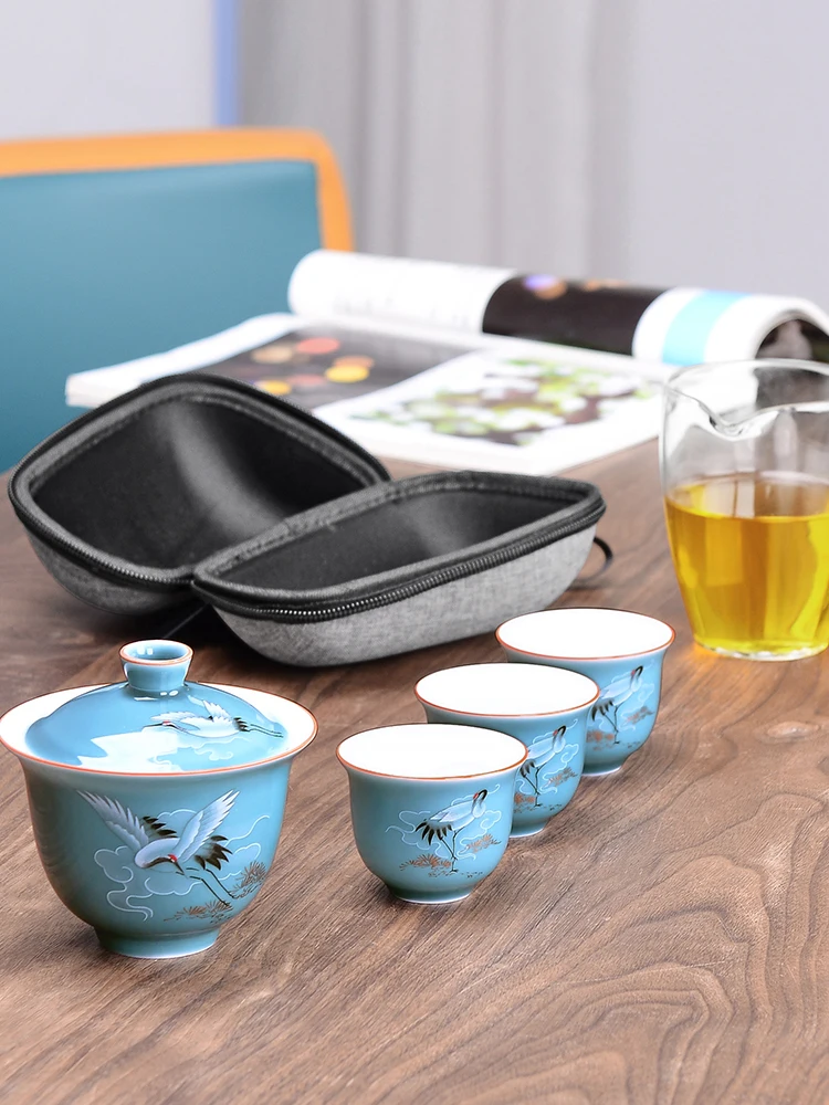 

Green Luxury Tea Set Storage Blue Jingdezhen Porcelain Portable Vintage Crockery Travel Dining Bar Tigela Porcelana Teaware DE50