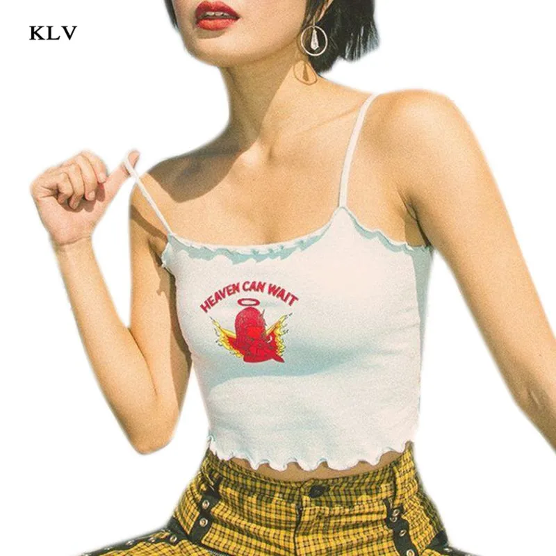 KLV, женский сексуальный топ на бретельках с рюшами, кроп-топ, милый маленький дьявол, буквенный принт, Harajuku, камзол, тонкая забавная уличная одежда