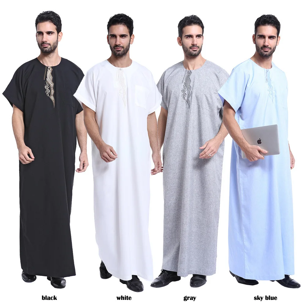 

Summer Muslim Moroccan Short Sleeve Islamic Men's Embroidery Solid Color Robe Arabic Kaftan Saudi Dubai Clothing Worship Abaya