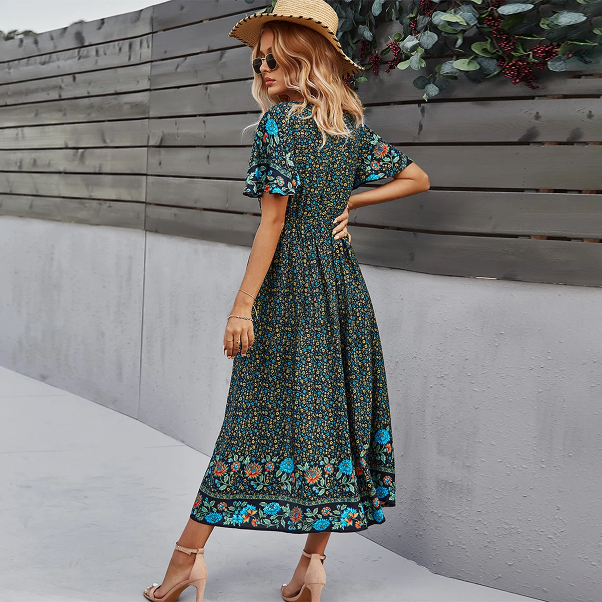 

Jastie 2021 Beach Dress Women V-Neck Short Sleeve Floral Print Button Elastic Waist Maxi Dresses Bohemian Prom Ruffle Dress