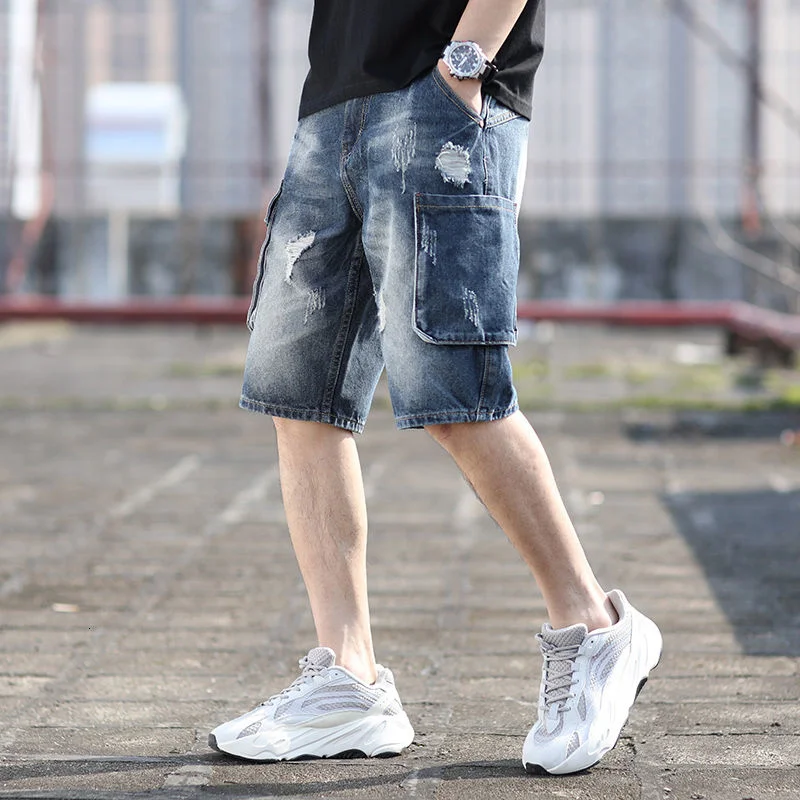 

Ripped Washed Jeans Men Cargo Multi-pocket Denim Five-point Pants Casual Casual Trend Straight Shorts Hip-hop Streetwear Summer