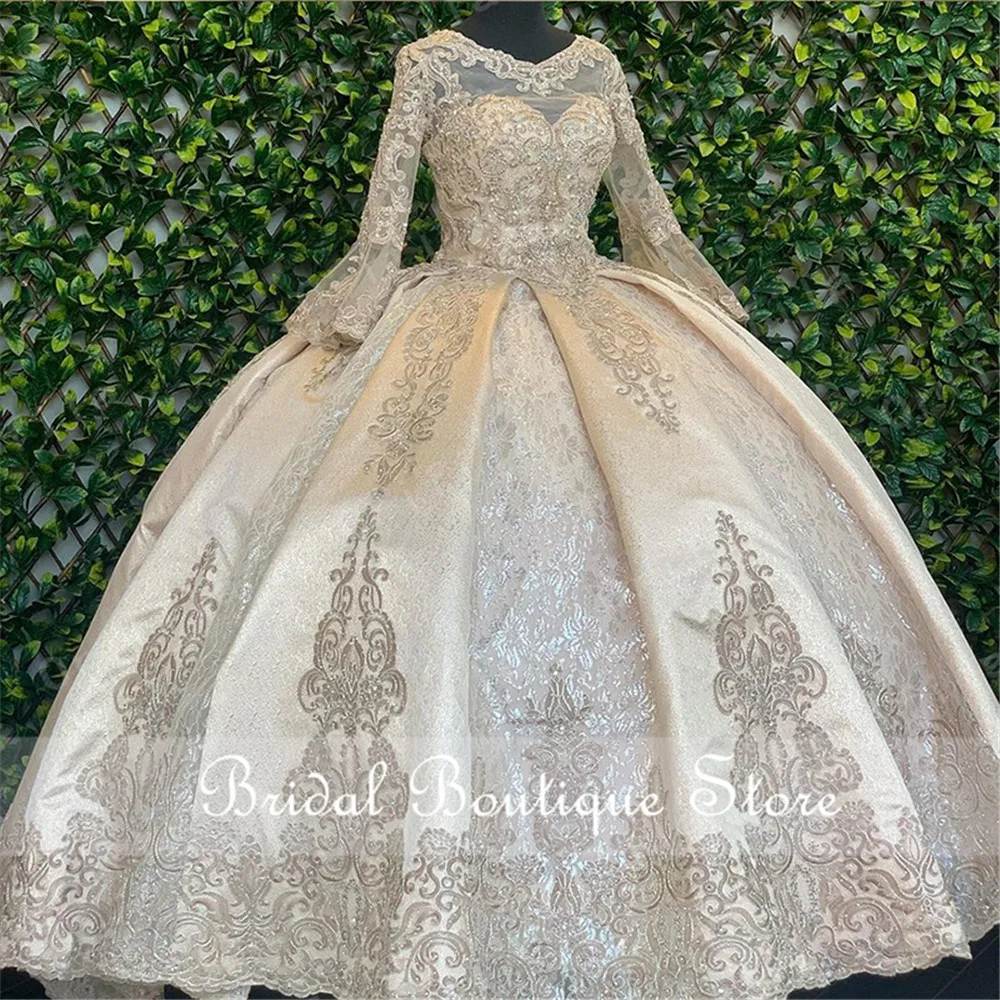 

Бальное платье шампанское Бальные платья Scoop одежда с длинным рукавом с вышивкой кружевное платье, современный дизайн, 16 вечерние платье Св...