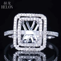 HELON Solid 14K White Gold Engagement Wedding Real Natural Diamond Halo Women Fine Jewelry Semi Mount Ring Fit Emerald Cut 8x6mm