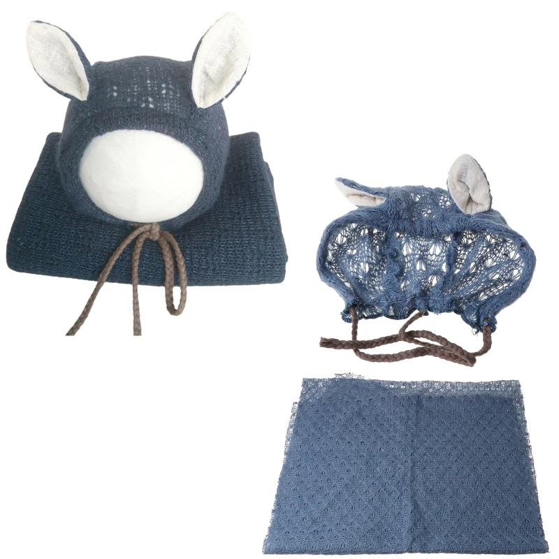 

Newborn Knitted Stretch Wrap+Hat Set Crochet Blanket Bonnet Baby Photography Props Infants Photo Shooting Accessories