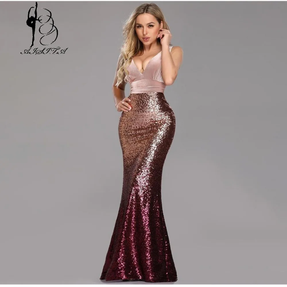 

Pink Plus Size Mermaid Evening Dresses Sexy V-Neck Sleeveless Ankle Length Backless Sequin Prom Gowns Robes De Soirée فساتين الس