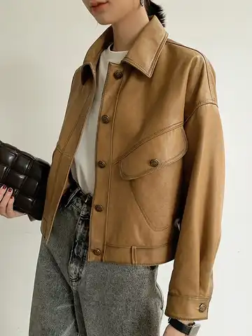 Женская Короткая Повседневная куртка, повседневная локомотивная куртка из натуральной овечьей кожи с карманами, осень 2021