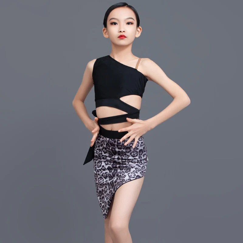 

2021 Girls Latin Dance Costumes Children Latin Dance Practice Clothes Black Oblique Shoulder Split Suit Performance Wear 130-160