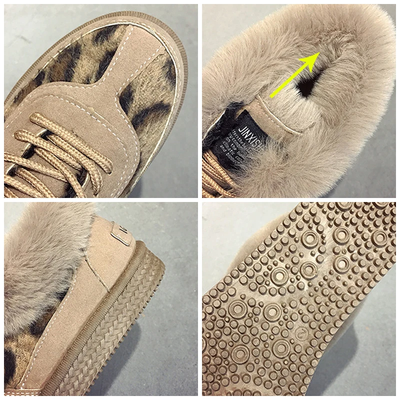 

Snow Boots Women Shoes Warm Plush Leopard Fur Ankle Boots Winter Cotton Shoes Female Lace Up Flat Lady Casual Shoes Footwear