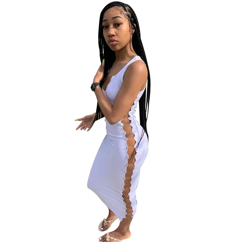 

Bathing Suit Cover Up Beach Dress Long Bath 2021 Summer Women New Skirt Sleeveless Neck Hollow Sexy Print Polyester For Robe De