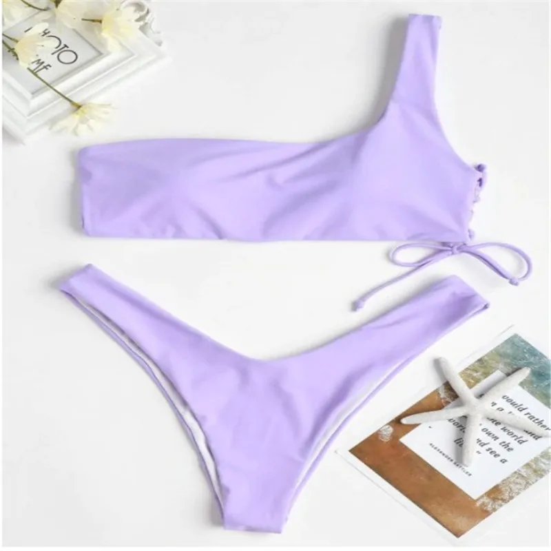 Новинка 2021 года однотонное бикини с косой лямкой лавандовый купальный костюм
