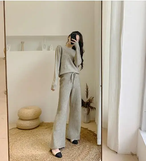 

Knitted 3 Piece Set Sweater Pants Woman 2019 Knitting Wide Leg Pants And Pullover Three Piece Suits Tracksuit Women