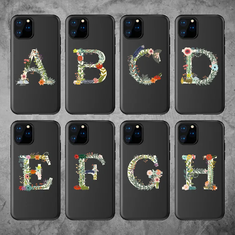 

Custom Vintage Flower A to Z Initial Alphabet Soft Black TPU Phone Case Cover For iPhone XS X XR 11 Pro Max 12 8Plus X 7 7Plus
