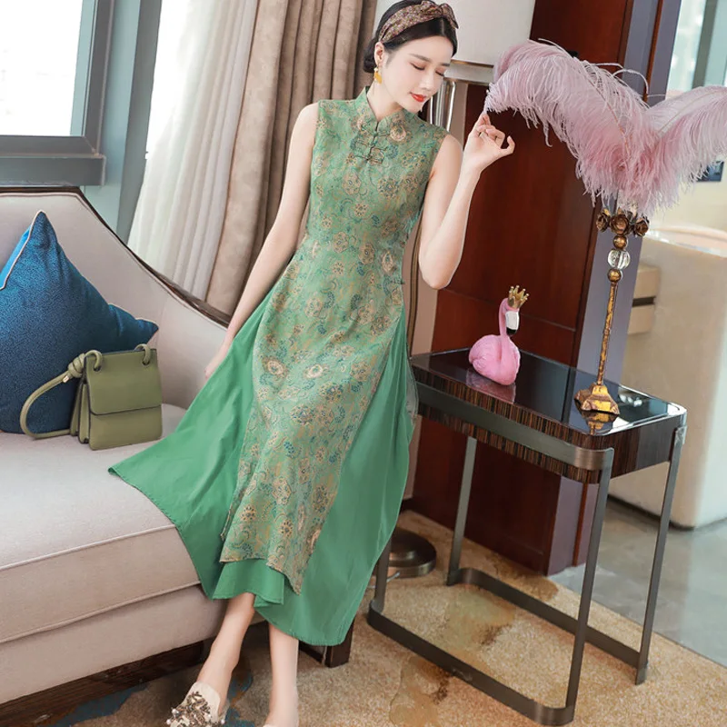 Китайское роскошное зеленое женское платье без рукавов qipao aodai чонсам |