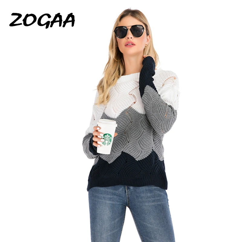 Женский трикотажный пуловер ZOGAA вязаный с длинными рукавами и круглым вырезом