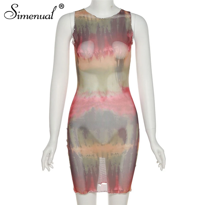 

Simenual Tie Dye Mesh See Through Mini Dresses Bodycon Sheer One Piece Birthday Outfit For Women Sleeveless Party Club Dress Hot