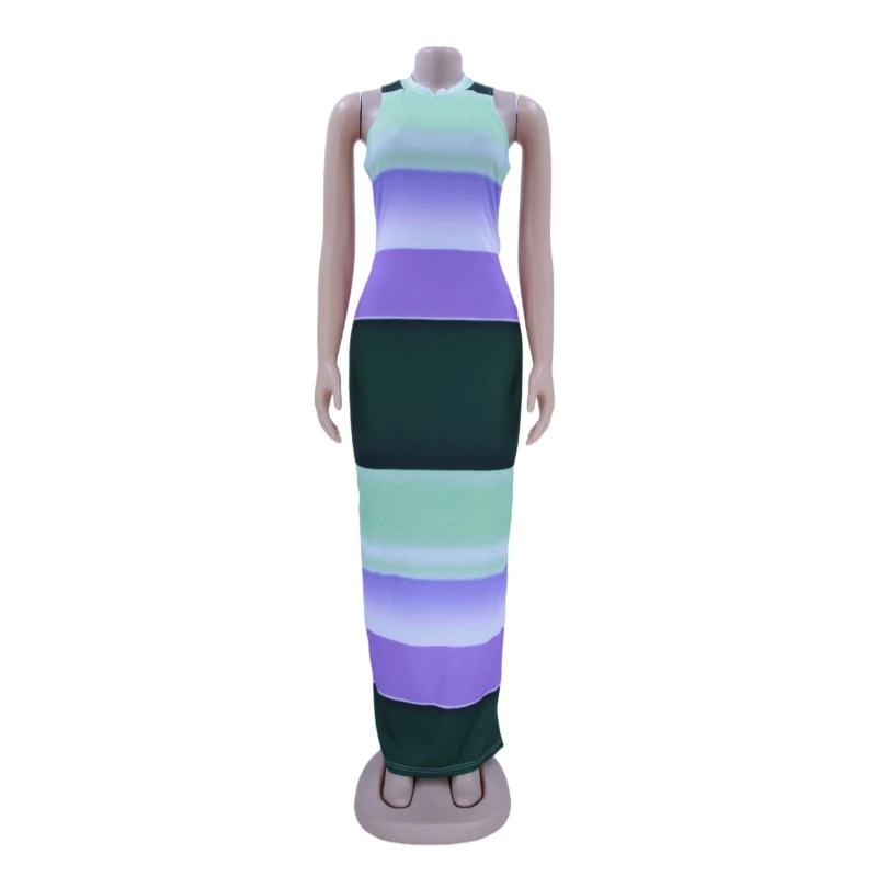 

Striped Gradient Bodycon Dress Sleeveless Back Hollow Birthday Party Summer Outfits for Women Sexy Club Maxi Dresses