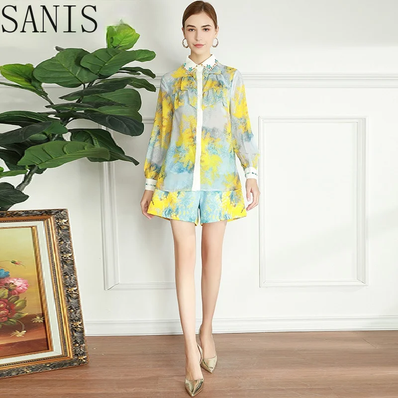 

Sanis Fashion Runway Summer Two Piece Sets Women's Ruffle Elegant Long Sleeve Yellow Print Blouse+Casual Shorts Suit
