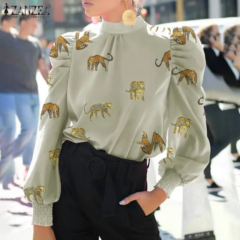 

Cartoon Smocking Tunic Top Women Elegant Printed Blouse ZANZEA Vintage Long Puff Sleeve Shirt Autumn Casual Back Lace Up Chemise