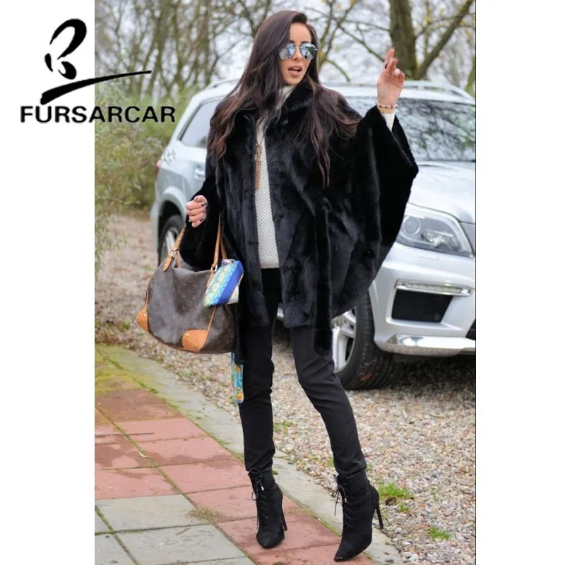 FURSARCAR природный натуральный мех пальто Женская цельная модная норка шуба Черная Стильная роскошная женская Норковая Шуба с рукавами «летучая мышь»