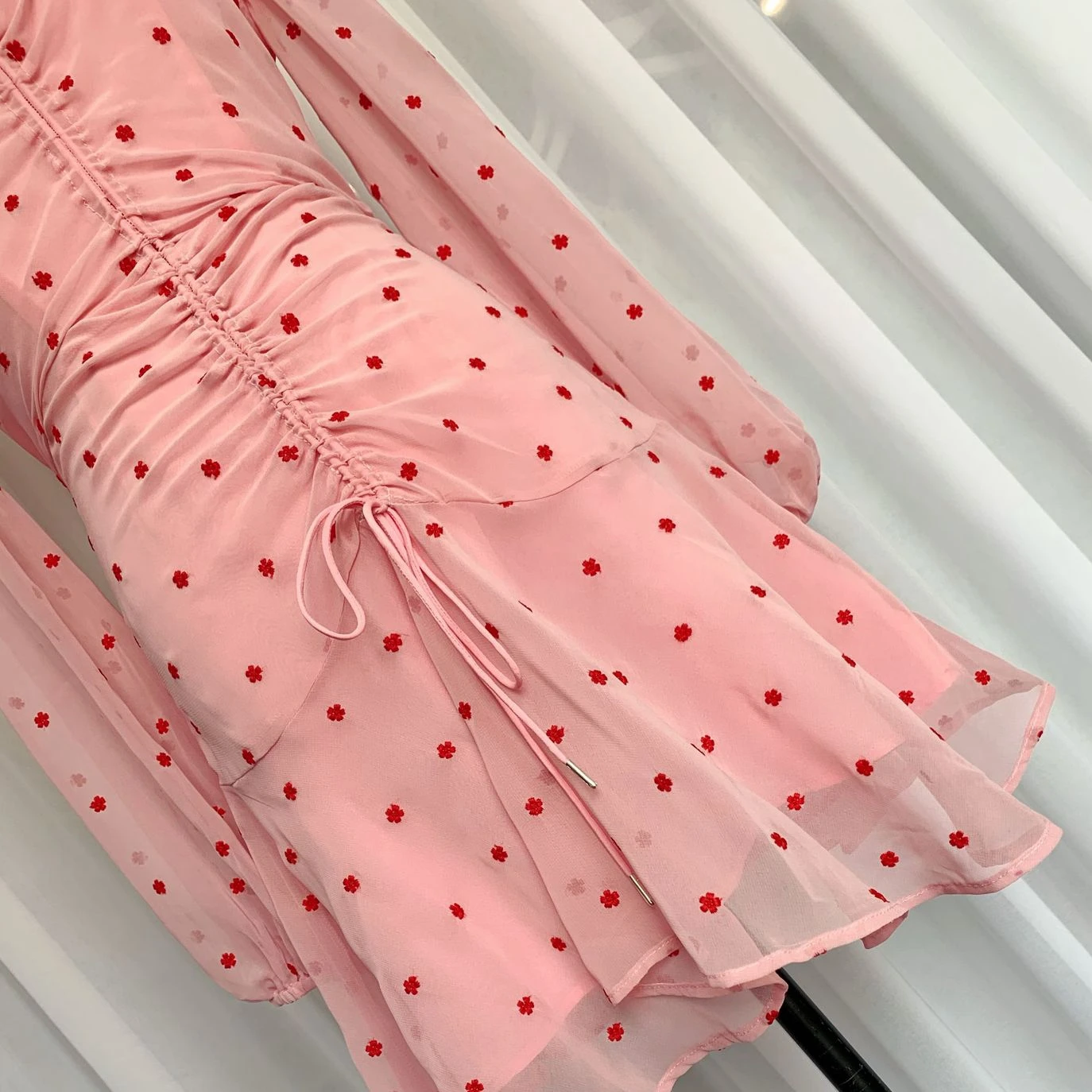 

Pure Pink Embroidered Flower Elastic Waist Long Sleeve Dress