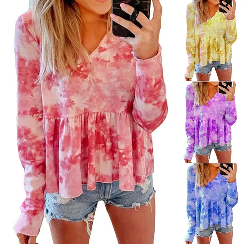 

Womens Zip V Neck T-Shirt Ladies Long Sleeve Tops Blouse Shirts Casual Tie-Dye