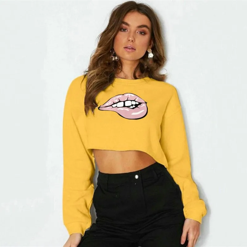 Hirigin Sexy Lips Printed Crop Top Women Sweatshirts 2020 New Long Sleeve Women Hoodies Fashion Steetwear Pullovers Hot Autumn