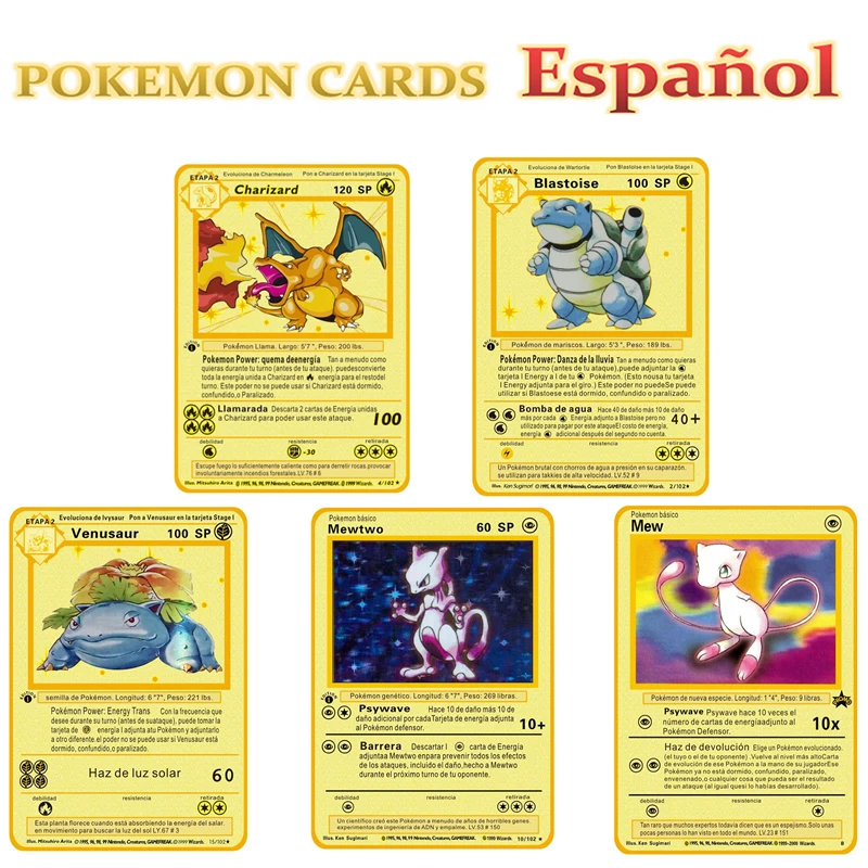 Juego de cartas de Pok&eacute;mon en espa&ntilde;ol, set de 5 unids/set de cartas de edici&oacute;n limitada de Pikachu Charizard de Metal dorado, colecci&oacute;n de tarjetas de juego de regalo-0