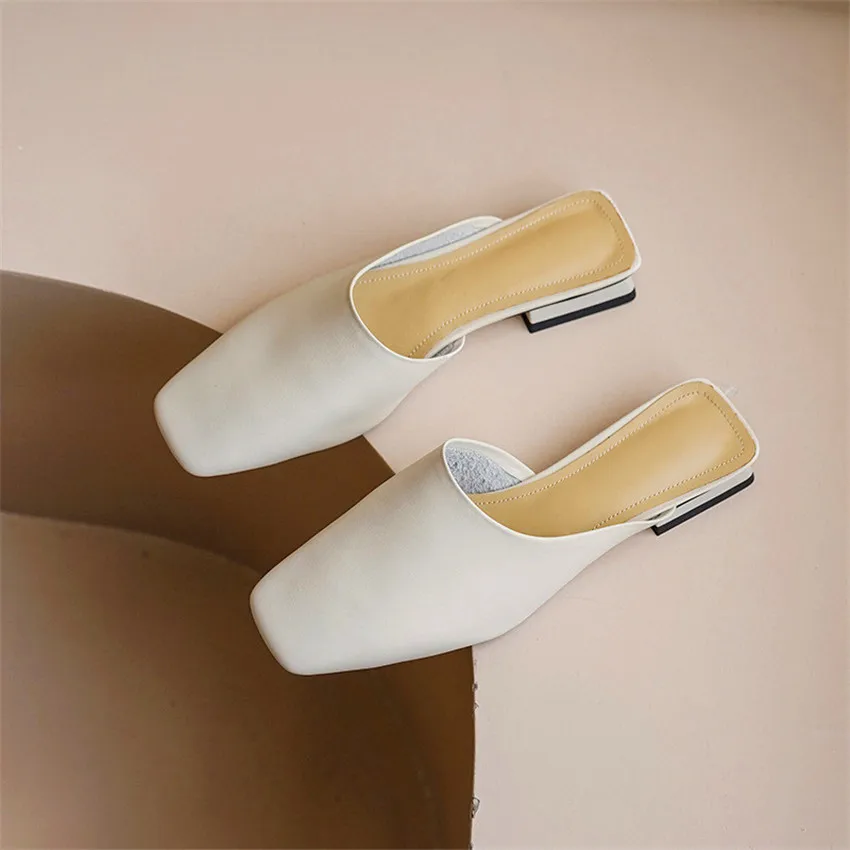 

Genuine Leather Women Shoes Cowhide Square Heels and Toe Retro Korean Version Ladies Mueller single Slippers