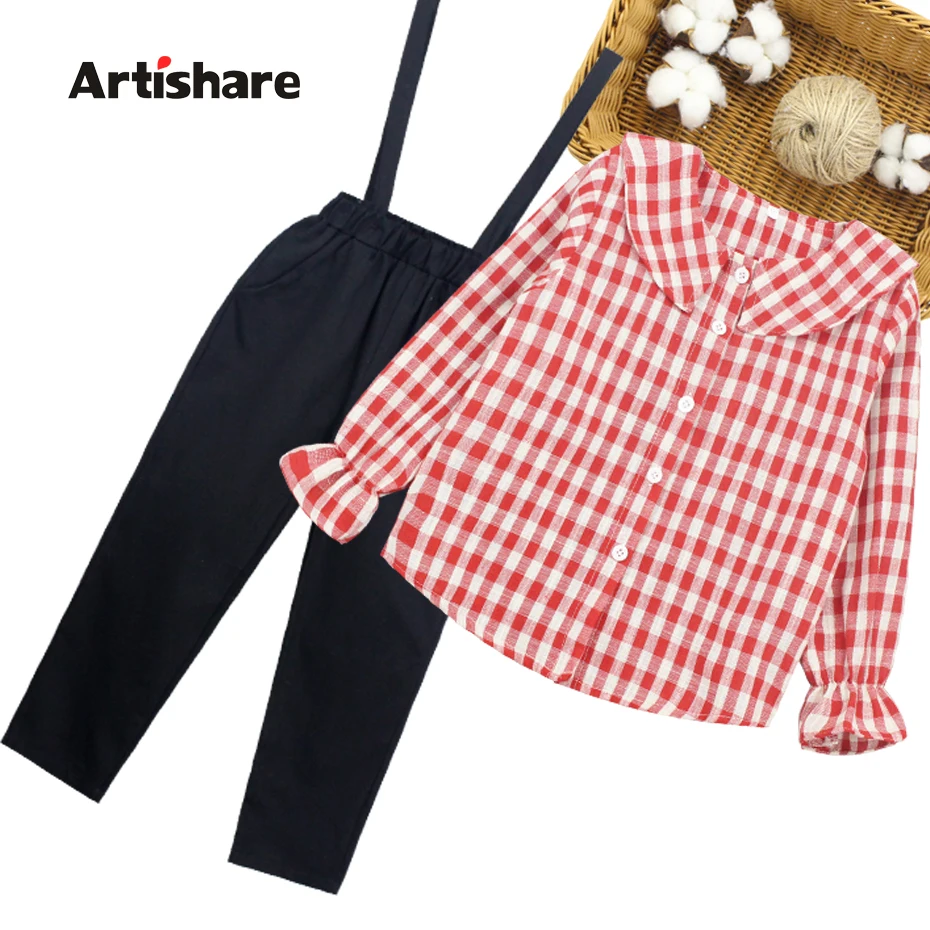 Подростковая одежда Клетчатая блузка + комбинезон 2 шт. для девочек костюм с